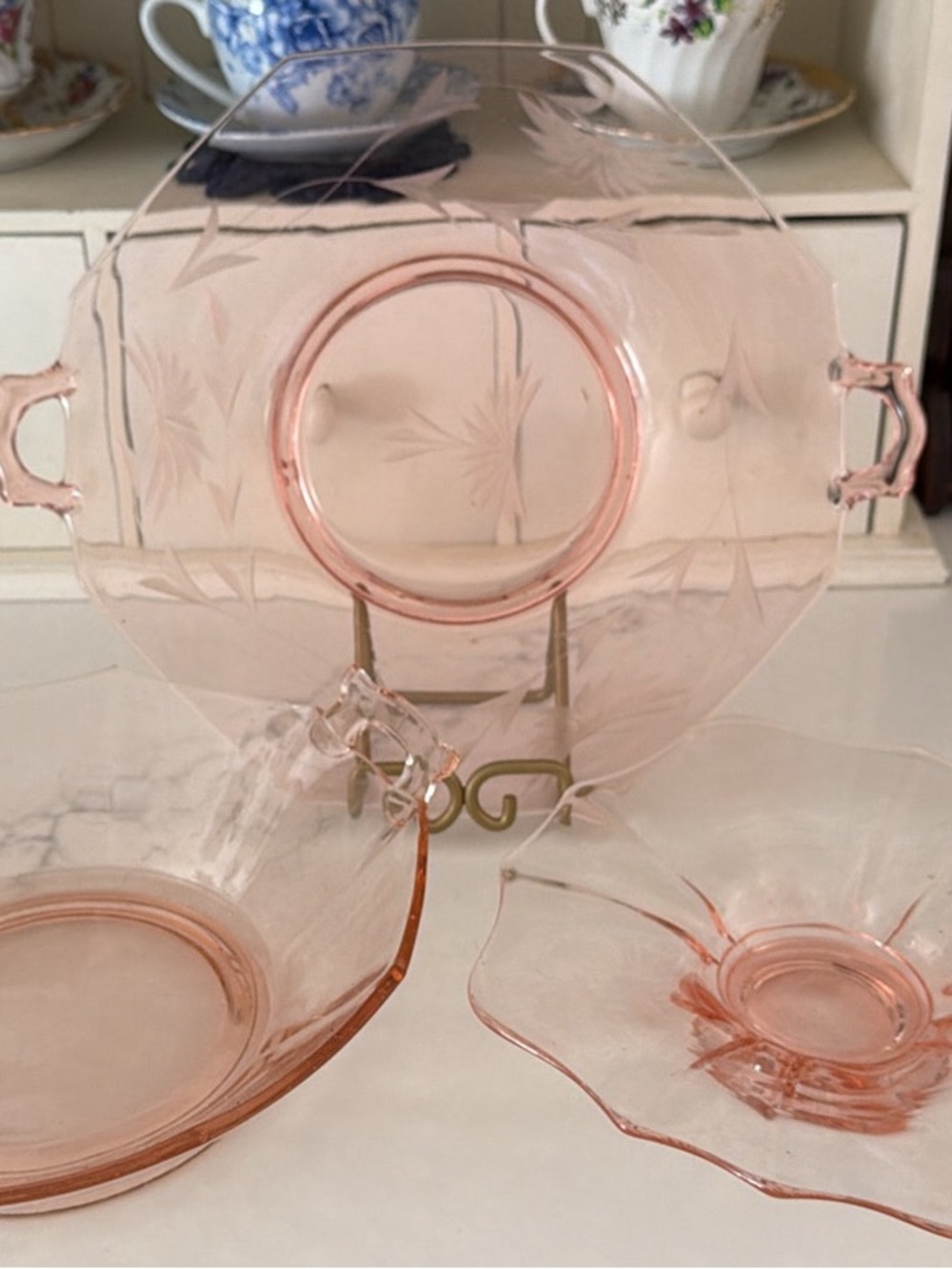 Vintage Depression Glass Etched Glass Serving Platter and Bowls Set.
